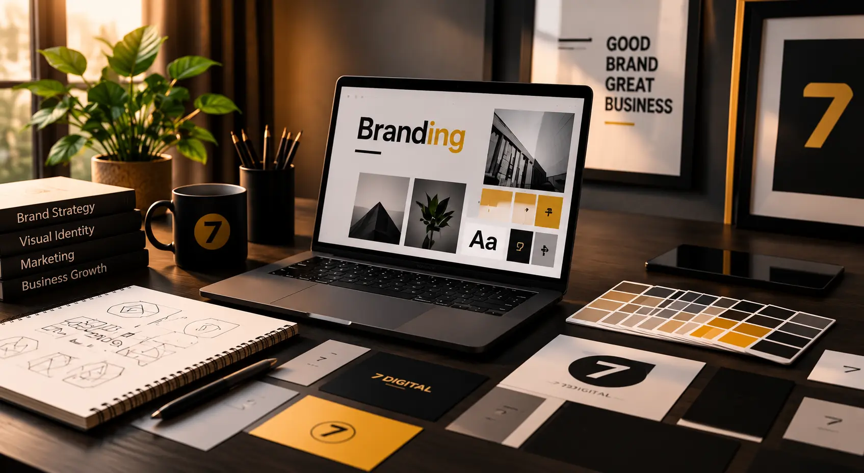 Creative team planning digital design around a laptop, with lime-accented brand materials in a dark studio.