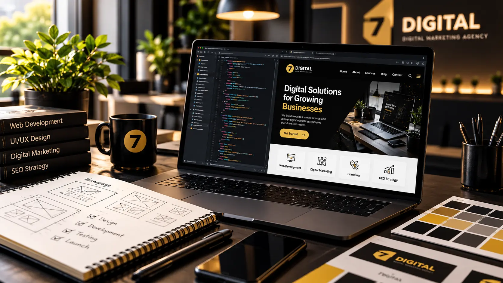 A team planning website layouts and content around a laptop