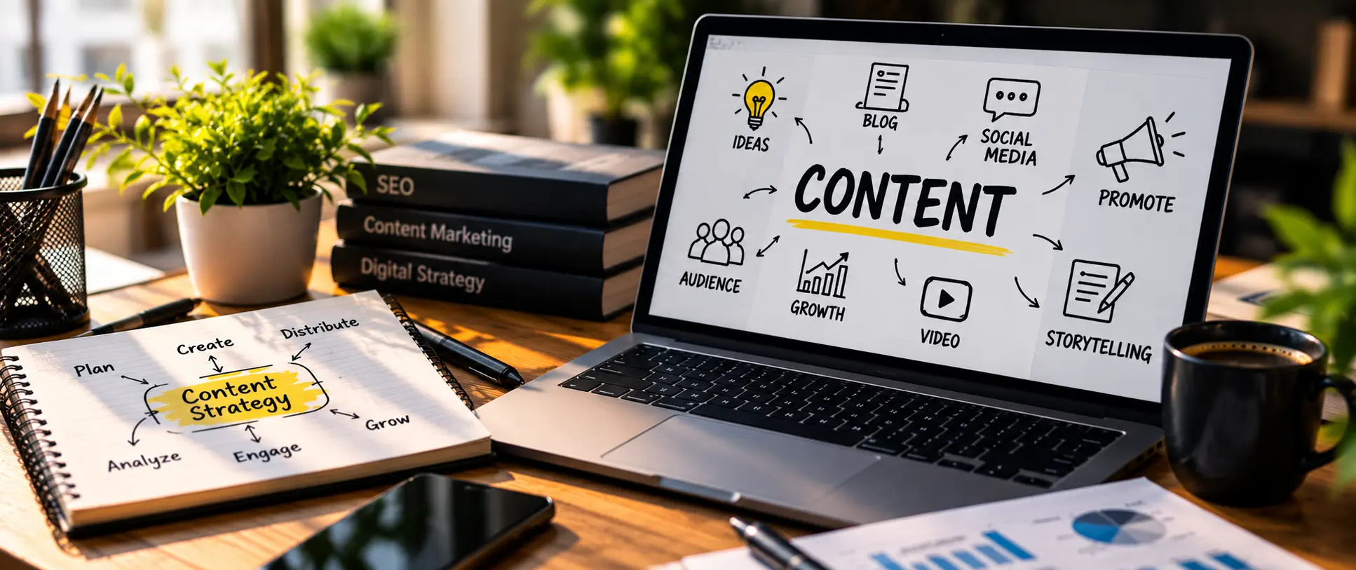 content marketing strategy and planning on a whiteboard